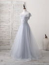 Gray Round Neck Lace Tulle Long Prom Dress, Gray Evening Dress