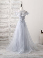 Gray Round Neck Lace Tulle Long Prom Dress, Gray Evening Dress