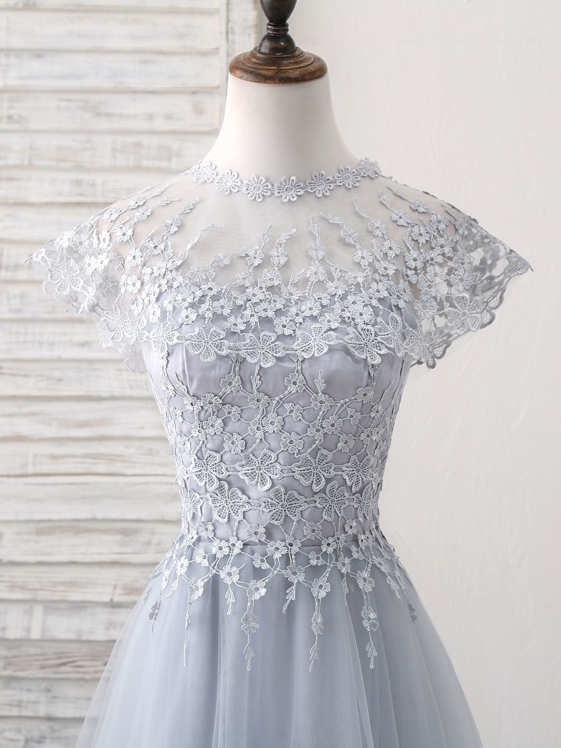 Gray Round Neck Lace Tulle Long Prom Dress, Gray Evening Dress Custom Size / Custom Color Gray Round Neck Lace Tulle Long Prom Dress, Gray Evening Dress Custom Size / Custom Color