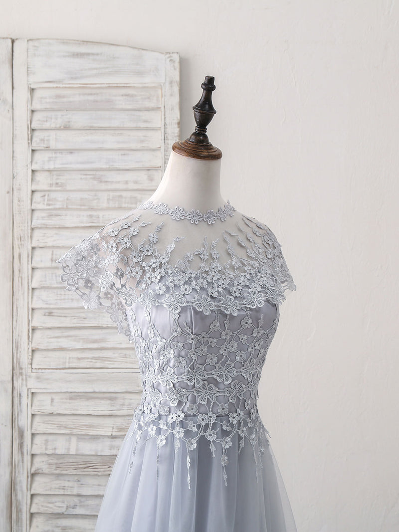 Gray Round Neck Lace Tulle Long Prom Dress, Gray Evening Dress Custom Size / Custom Color Gray Round Neck Lace Tulle Long Prom Dress, Gray Evening Dress Custom Size / Custom Color