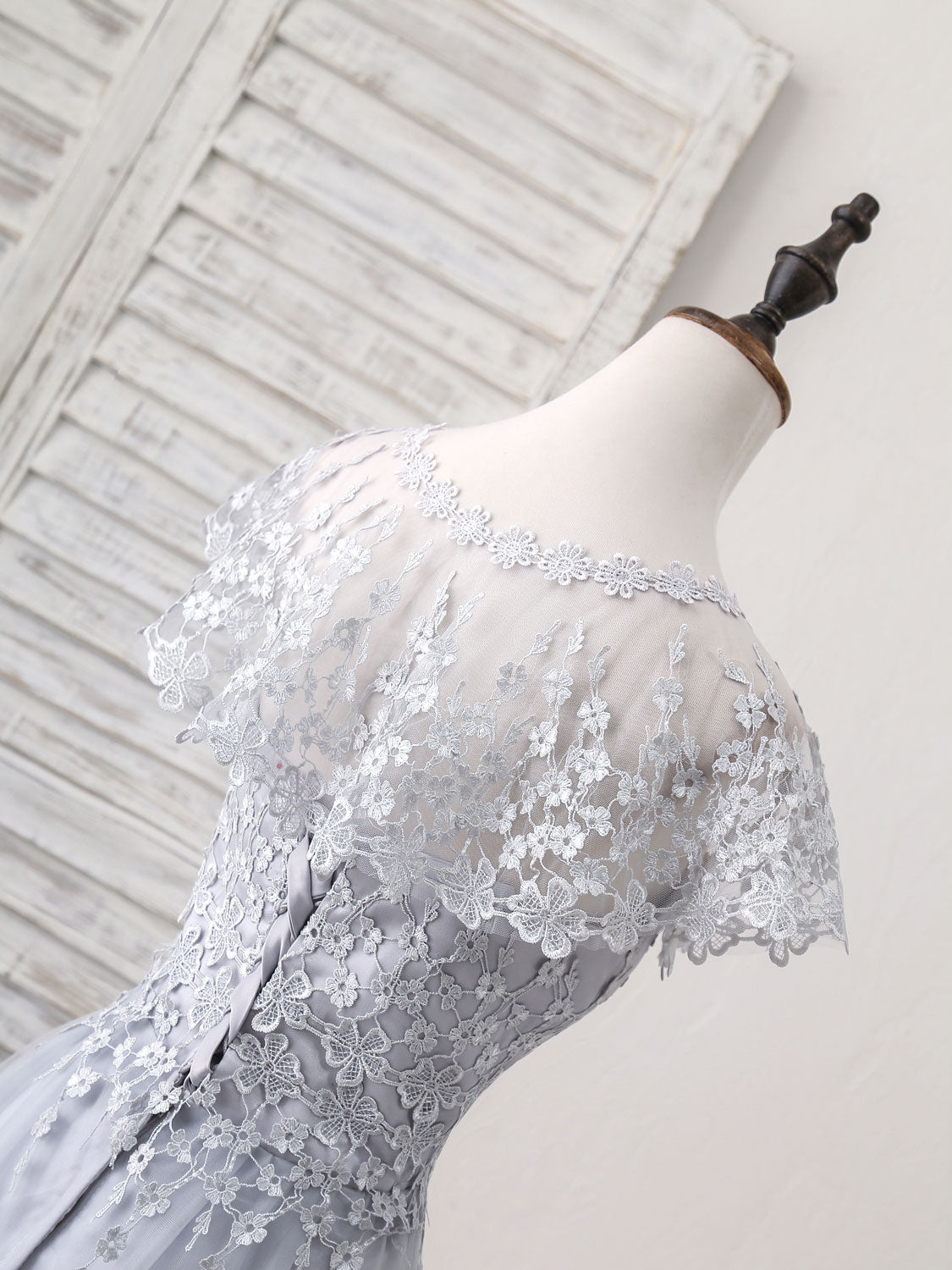 Gray Round Neck Lace Tulle Long Prom Dress, Gray Evening Dress Custom Size / Custom Color Gray Round Neck Lace Tulle Long Prom Dress, Gray Evening Dress Custom Size / Custom Color
