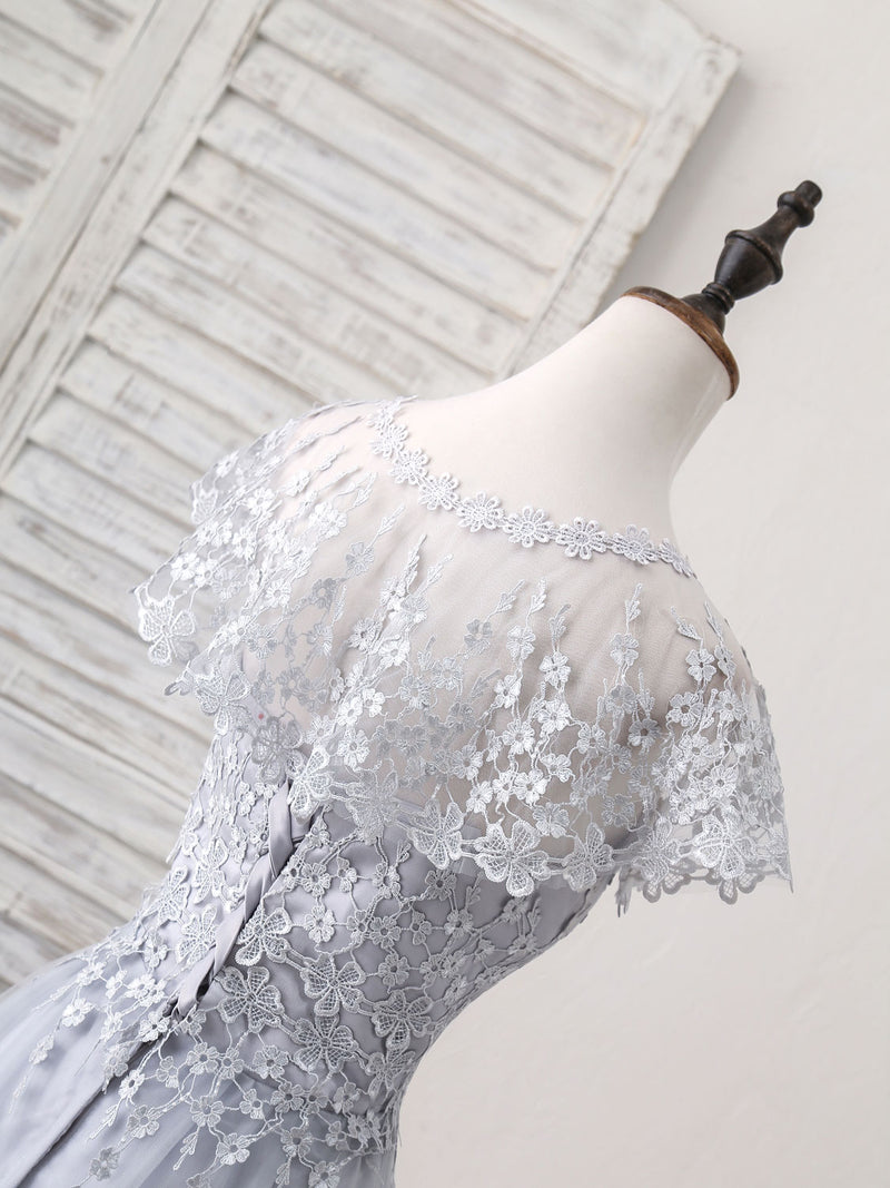Gray Round Neck Lace Tulle Long Prom Dress, Gray Evening Dress shopluu Gray Round Neck Lace Tulle Long Prom Dress, Gray Evening Dress shopluu