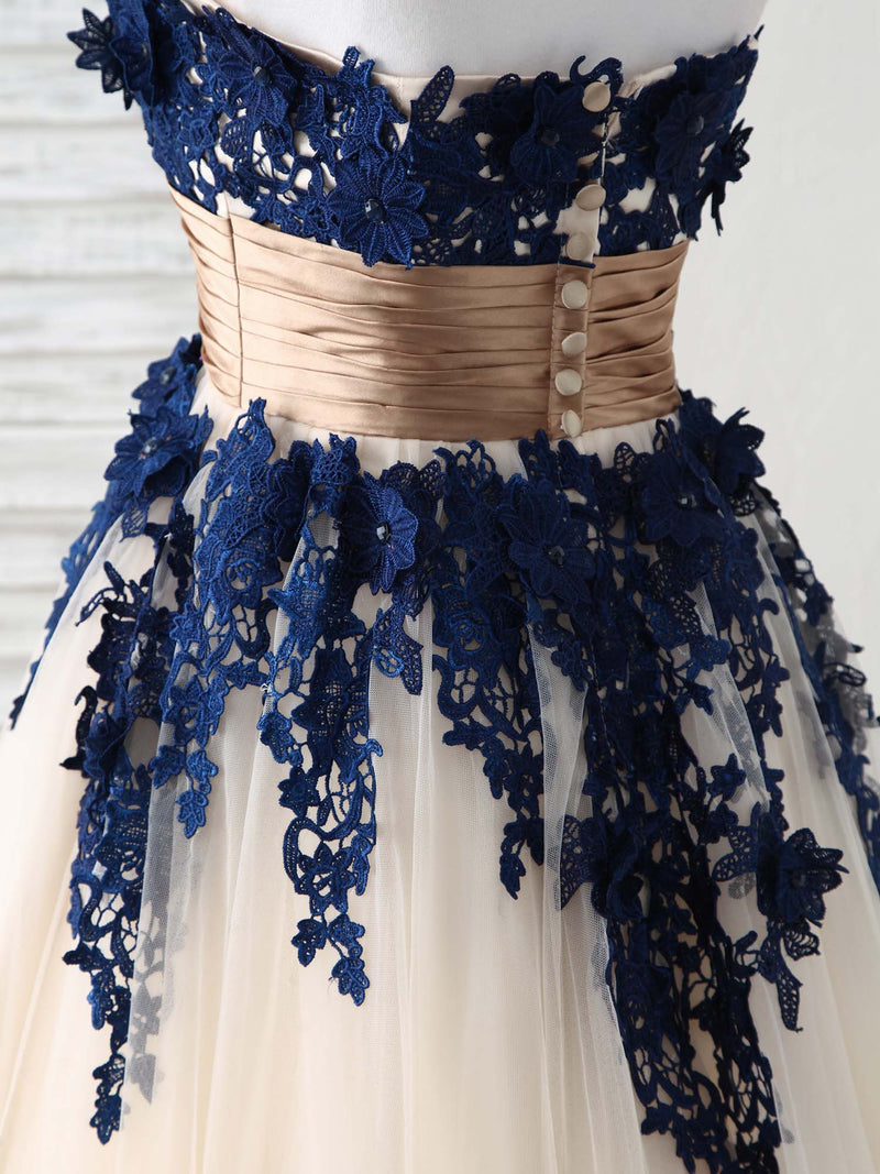 white and dark blue dress Dark Blue Lace Applique Tulle Long Prom Dress Blue Bridesmaid Dress – shopluu