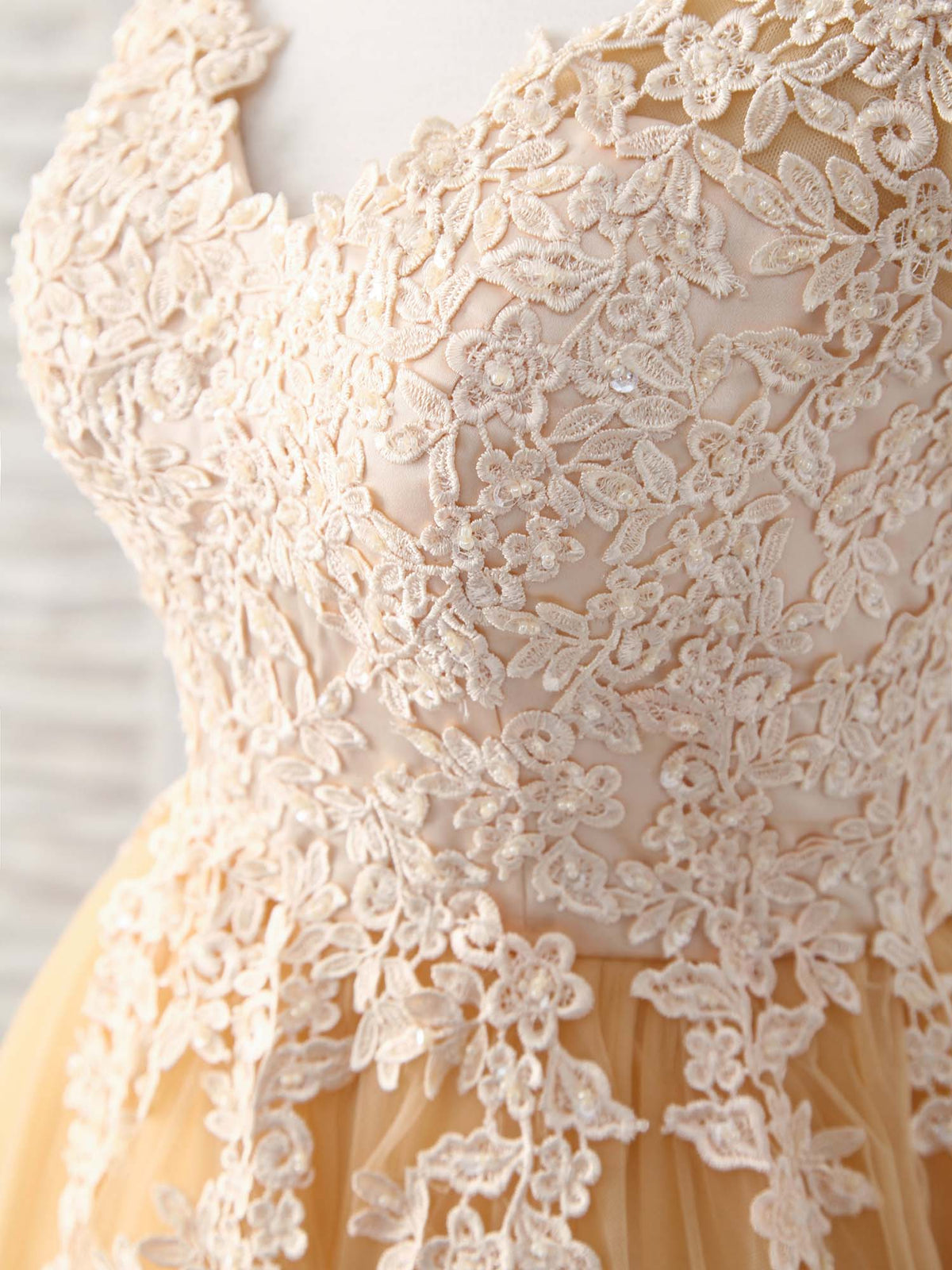 Champagne V Neck Tulle Lace Applique Short Prom Dresses