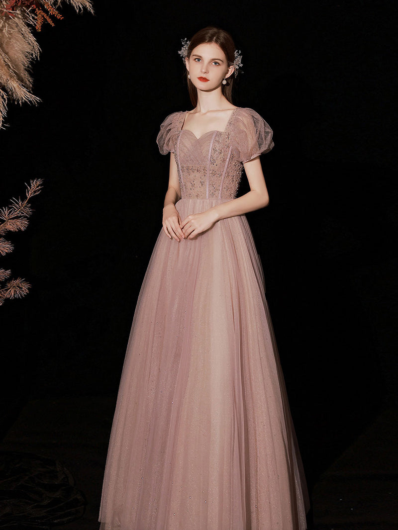 Pink A line Tulle Lace Long Prom Dress, Pink Tulle Formal Dresses