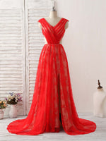 Red V Neck Lace Long Prom Dress, Lace Evening Dress