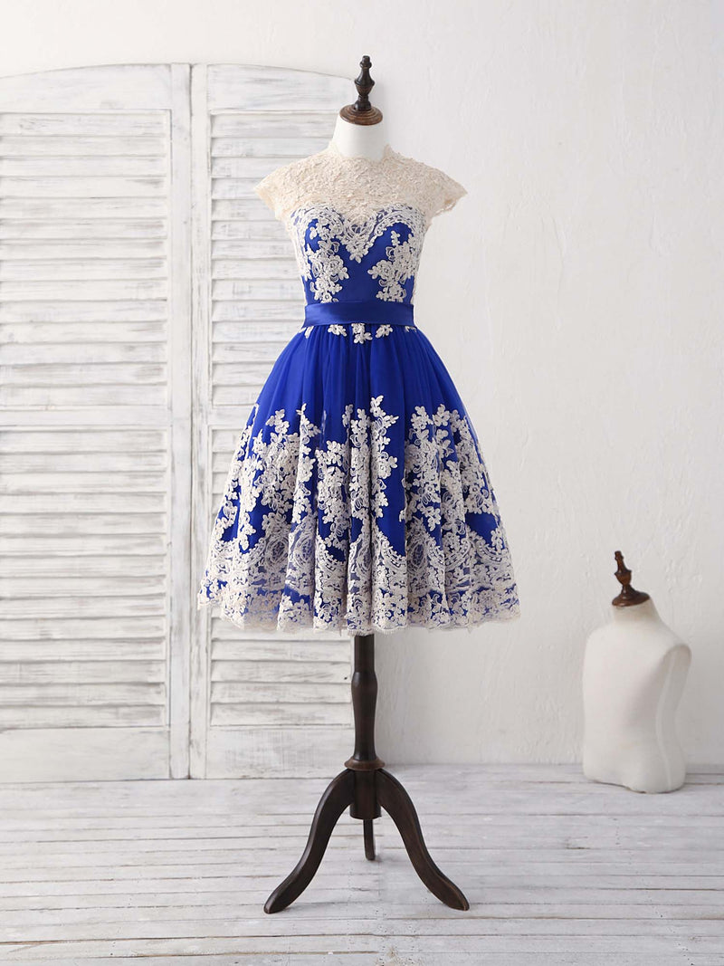 Unique Blue Tulle Lace Applique Short Prom Dress, Blue Bridesmaid Dress