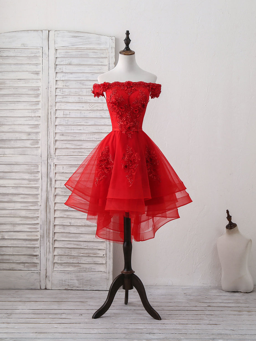 Red Tulle Lace Off Shoulder Short Prom Dress, Red Homecoming Dress – shopluu