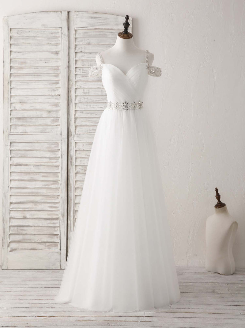 White Off Shoulder Tulle Beads Long Prom Dress White Evening Dress