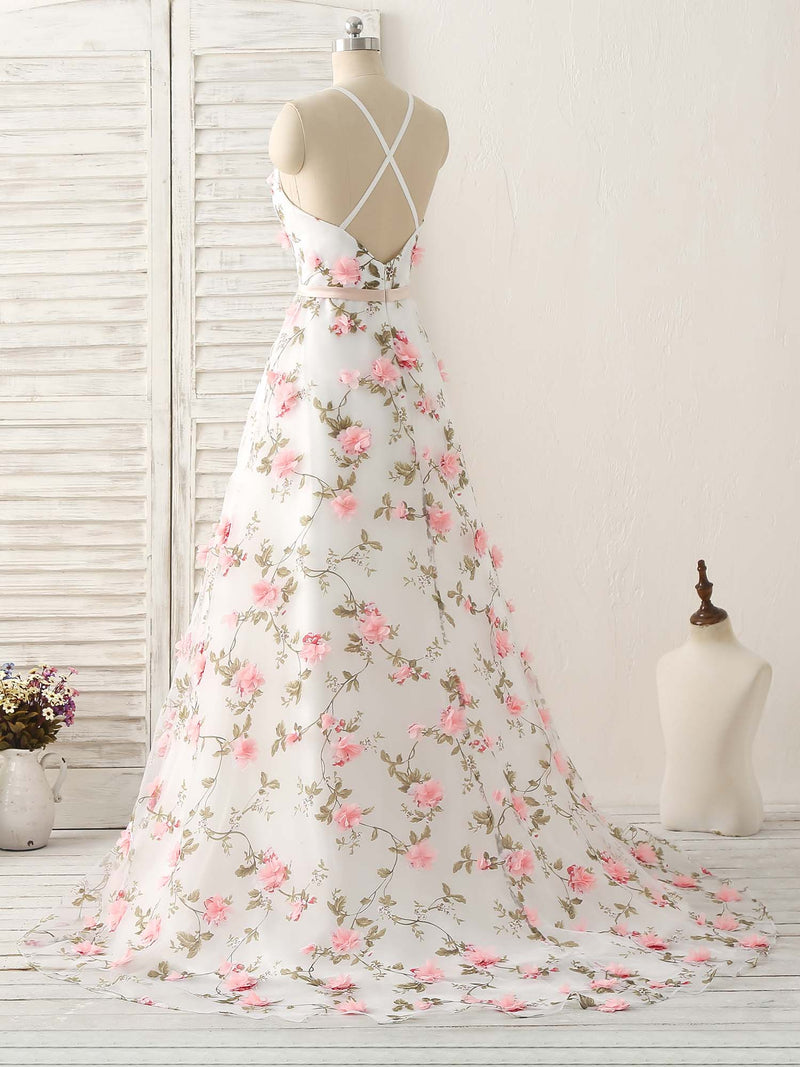 White V Neck 3D Applique Tulle Long Prom Dress White Evening Dress