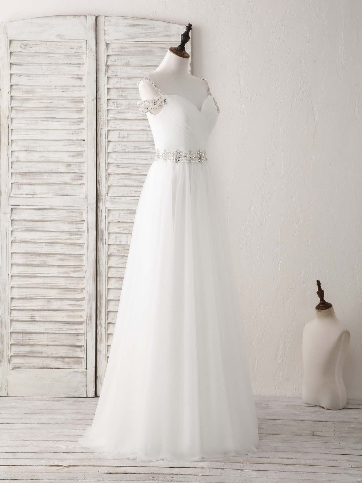 White Off Shoulder Tulle Beads Long Prom Dress White Evening Dress