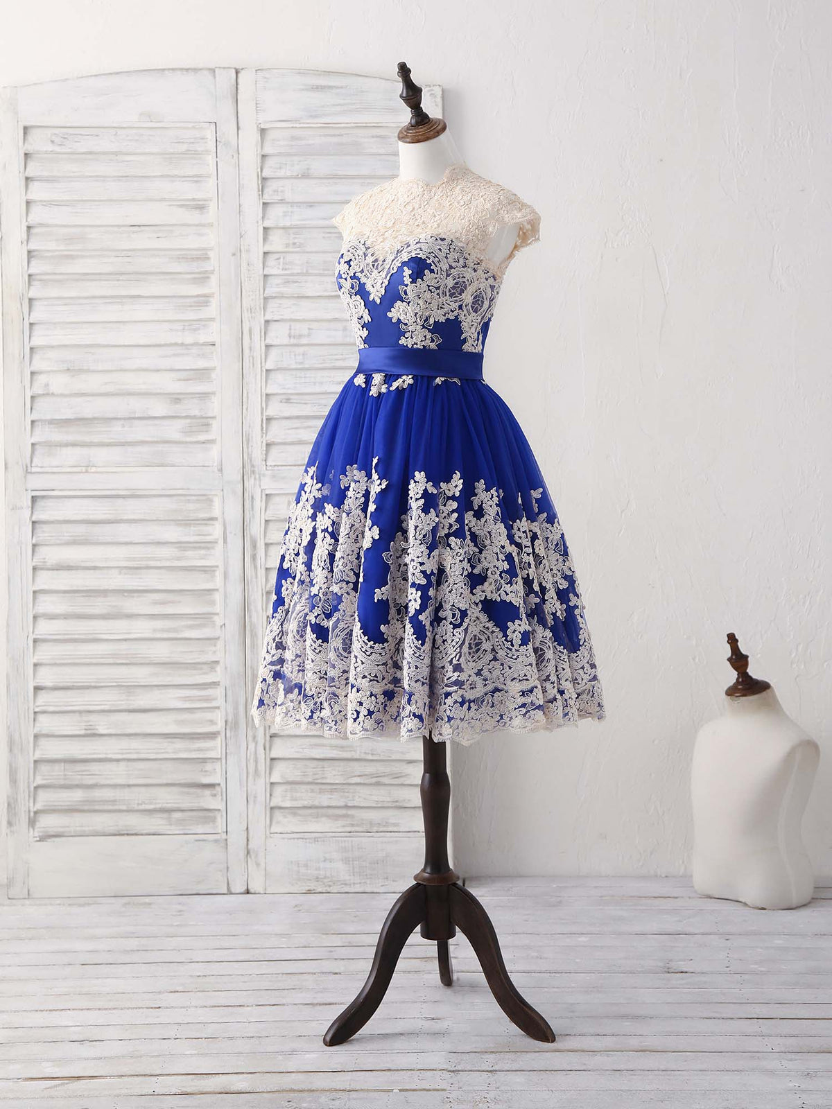 A-Line Blue Tulle Lace Applique Short Prom Dress, Blue Bridesmaid Dres – shopluu