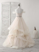 Champagne Sweetheart Off Shoulder Tulle Long Prom Dresses