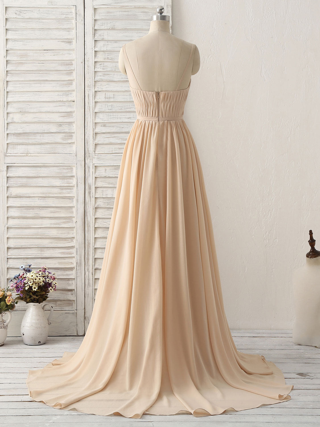 Simple Champagne Long Prom Dresses V Neck Chiffon Bridesmaid Dress Custom Size / Custom Color Simple Champagne Long Prom Dresses V Neck Chiffon Bridesmaid Dress Custom Size / Custom Color