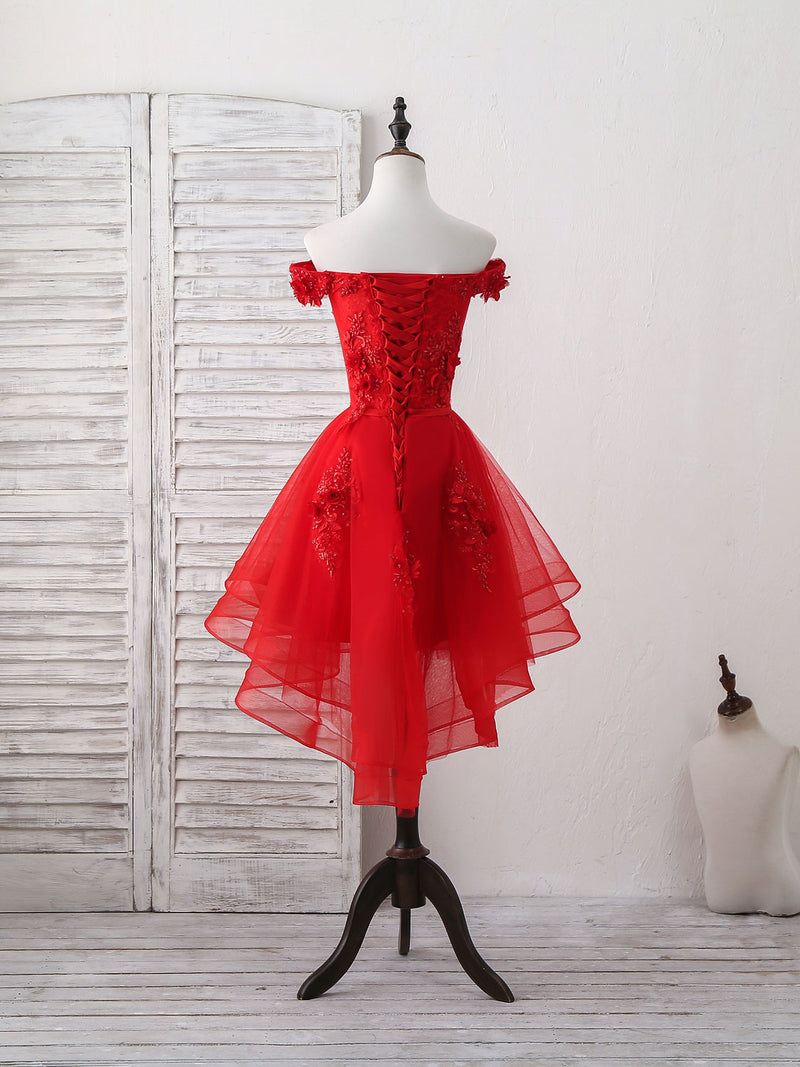 Red Tulle Lace Off Shoulder Short Prom Dress, Red Homecoming Dress