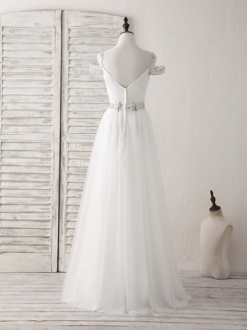 White Off Shoulder Tulle Beads Long Prom Dress White Evening Dress