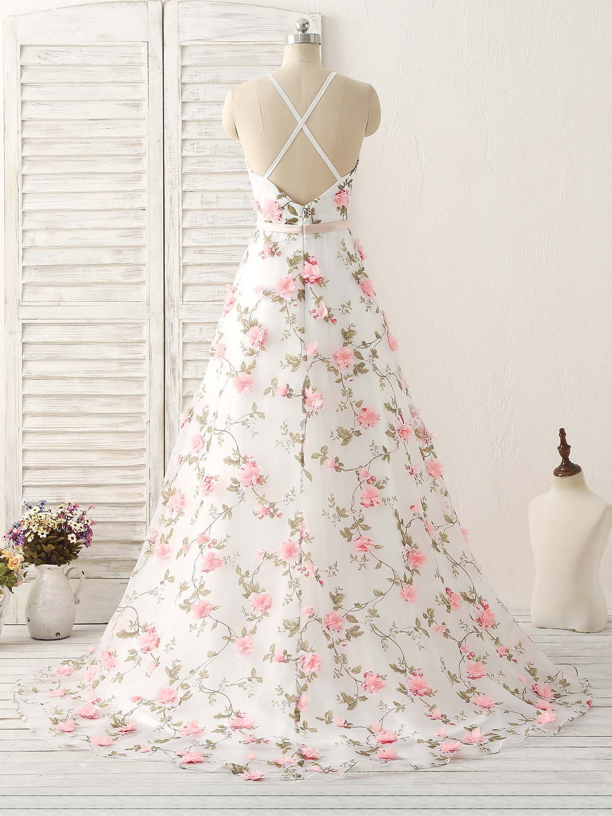 White V Neck 3D Applique Tulle Long Prom Dress White Evening Dress