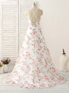 White V Neck 3D Applique Tulle Long Prom Dress White Evening Dress