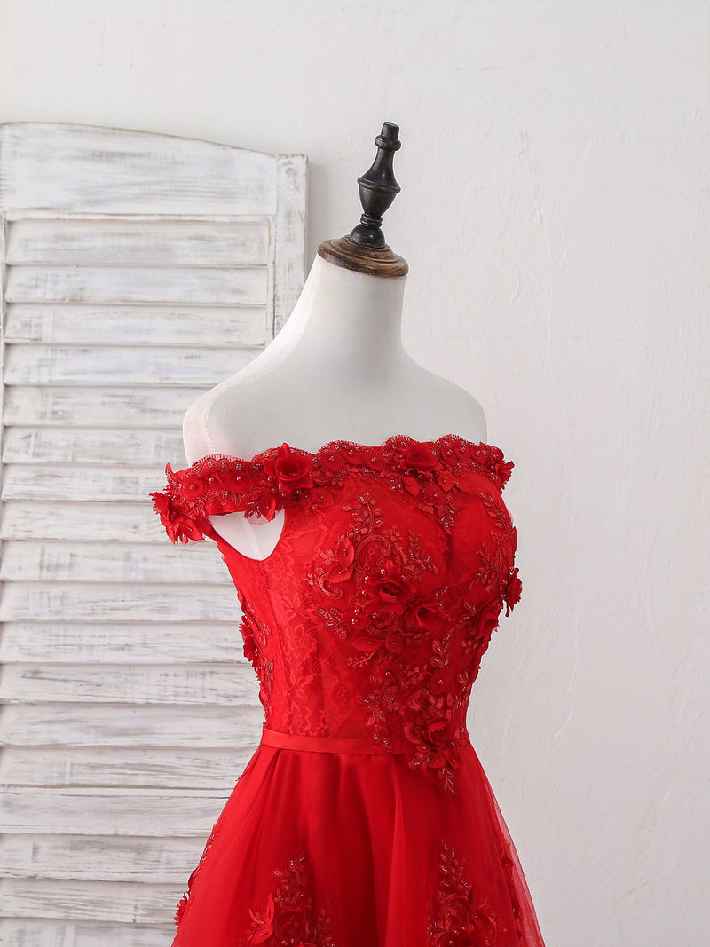 shopluu Red Tulle Lace Off Shoulder Short Prom Dress, Red Homecoming Dress US 4 / Red