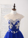 Unique Blue Tulle Lace Applique Short Prom Dress, Blue Bridesmaid Dress