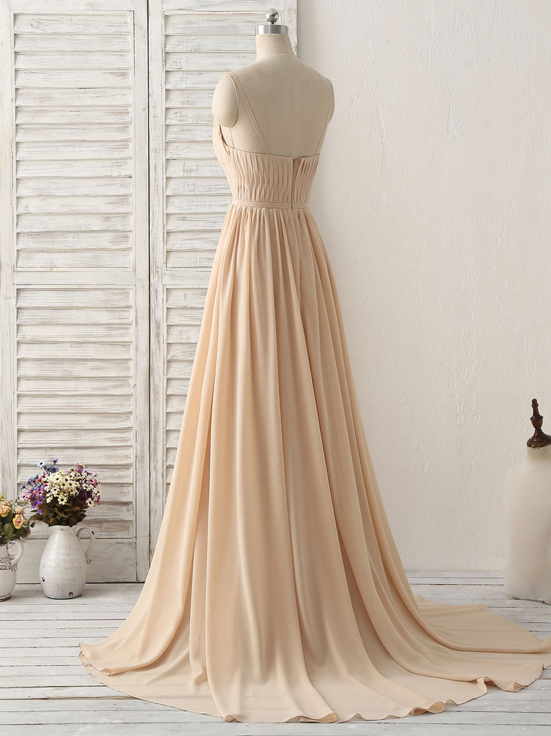Simple Champagne Long Prom Dresses V Neck Chiffon Bridesmaid Dress