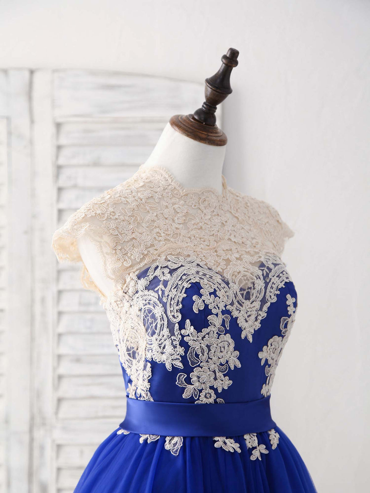 A-Line Blue Tulle Lace Applique Short Prom Dress, Blue Bridesmaid Dres – shopluu