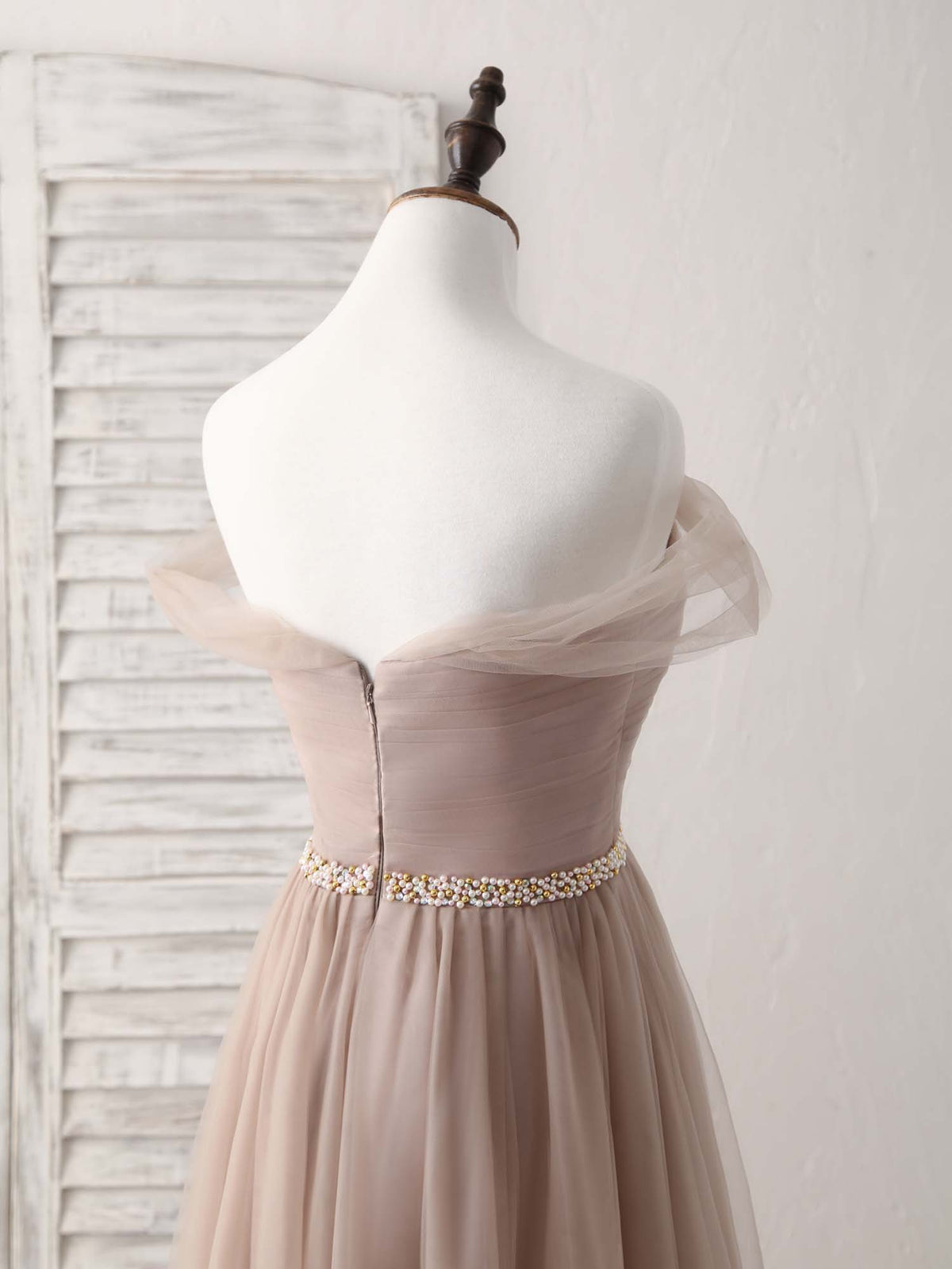 Champagne Off Shoulder Tulle Long Prom Dress, Champagne Evening Dress