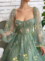 Elegant Long Sleeves Tulle Tea Length Puffy Green Prom Dress, Green Bridesmaid Dresses