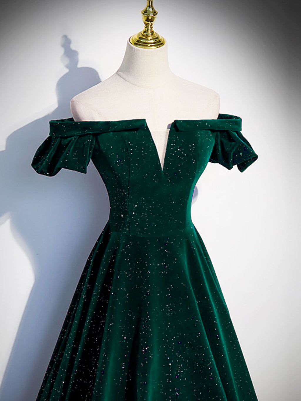 A-Line Off Shoulder Velvet Long Prom Dresses, Green Velvet Graduation Dress
