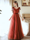 Brick Red V Neck Tulle Long Prom Dresses, Brick Red Tulle Formal Graduation Dresses