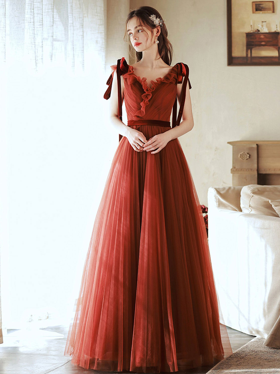 A-Line Tulle Long Prom Dress, V-Neck Evening Party Dress US 12 / Custom Color A-Line Tulle Long Prom Dress, V-Neck Evening Party Dress US 12 / Custom Color