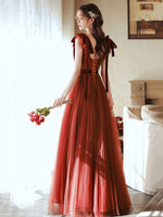 Brick Red V Neck Tulle Long Prom Dresses, Brick Red Tulle Formal Graduation Dresses