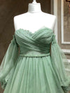 A-Line Sweetheart Neck Tulle Green Long Prom Dress