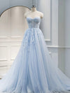 A Line Sweetheart Neck Tulle lace Blue Long Prom Dresses, Lace Formal Gown Graduation Dresses