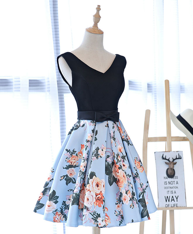Cute V Neck Floral Pattern Short Prom Dress, Homecoming Dress US 14 / Black