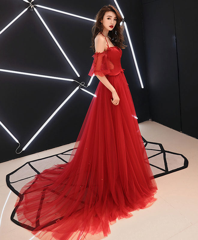 A-Line Red Tulle Lace Long Prom Dress Tulle Red Evening Dress