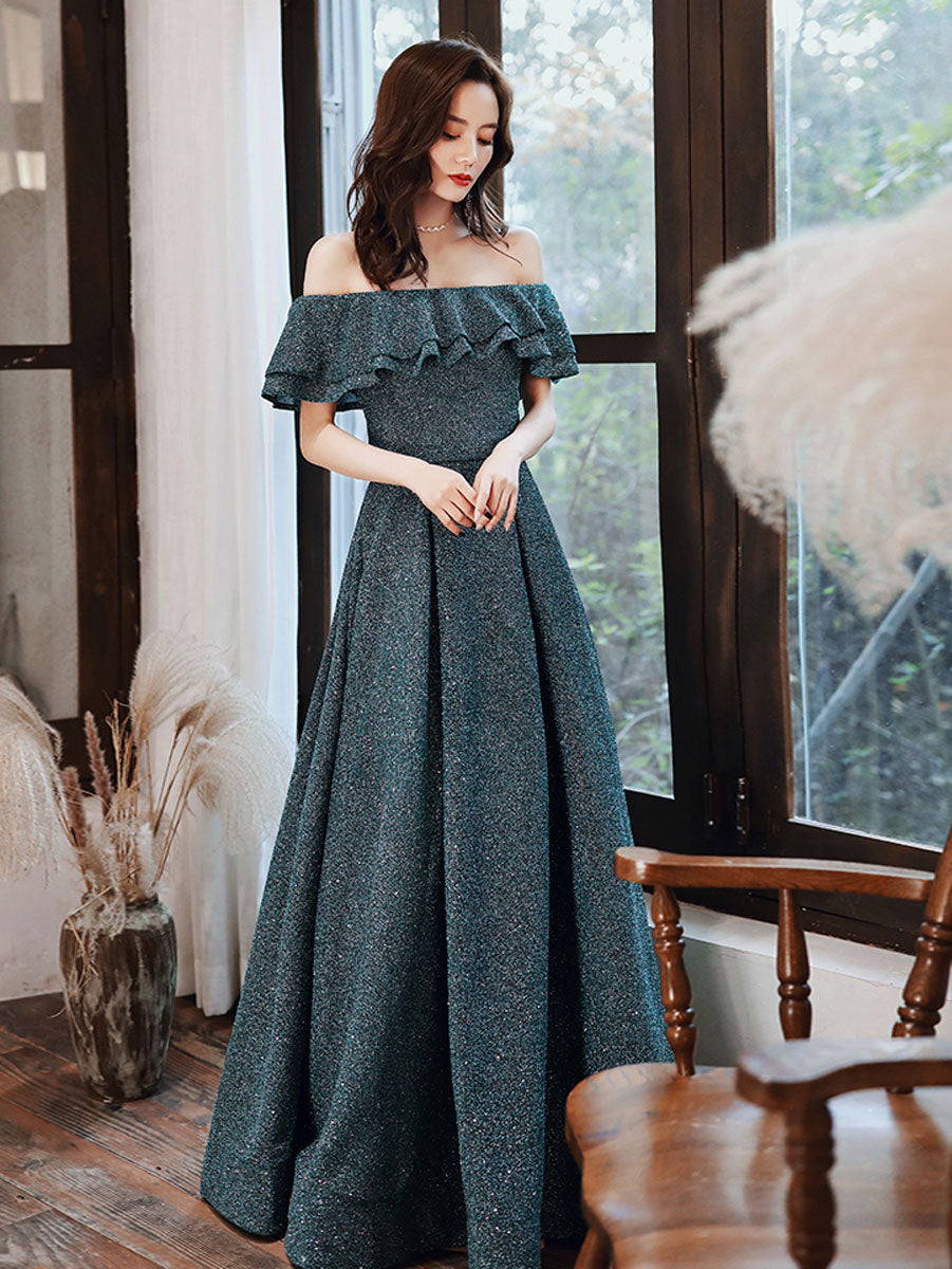 Simple Green Off Shoulder Long Prom Dress, Green Formal Graduation Dresses