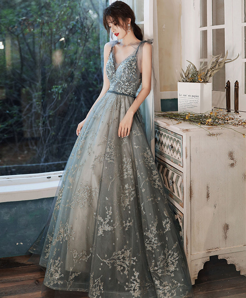 Gray Blue Tulle Sequin Long Prom Dress Tulle Formal Dress