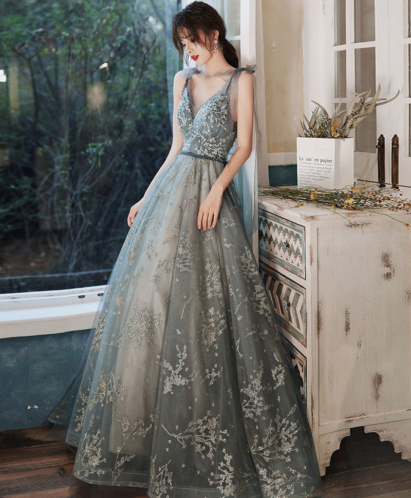 Gray V-Neck Tulle Sequins long Prom Dress, A-Line Evening Dress US 6 / Gray Gray V-Neck Tulle Sequins long Prom Dress, A-Line Evening Dress US 6 / Gray