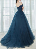 Simple Blue off Long Prom Dresses, V NeckTulle Bridesmaid Dresses
