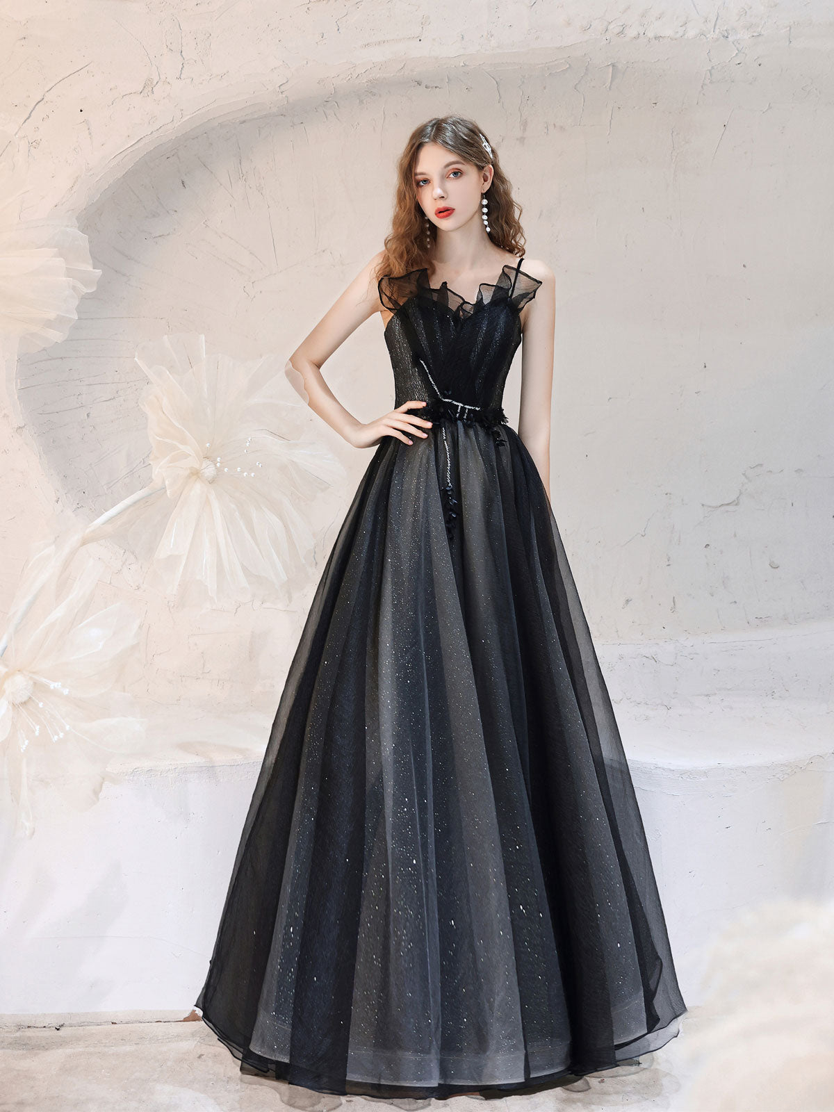 Black Tulle Lace Long Prom Dress Black Tulle Formal Dress