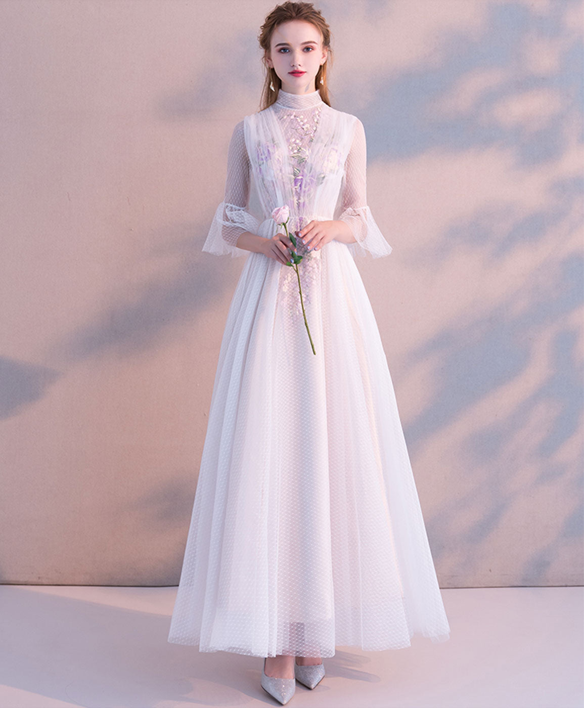 White High Neck Tulle Lace Tea Long Prom Dress Bridesmaid Dress