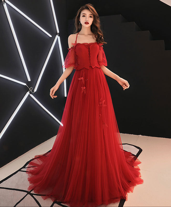 A-Line Red Tulle Lace Long Prom Dress Tulle Red Evening Dress