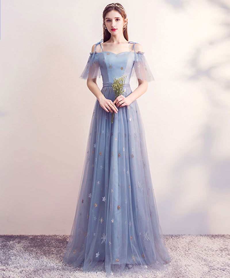 shopluu Blue A-Line Tulle Long Prom Dress, Blue Formal Sweet 16 Dress US 6 / Blue