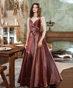 Simple V Neck Burgundy Satin Long Prom Dress, Burgundy Formal Dress