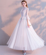White High Neck Tulle Lace Tea Long Prom Dress Bridesmaid Dress