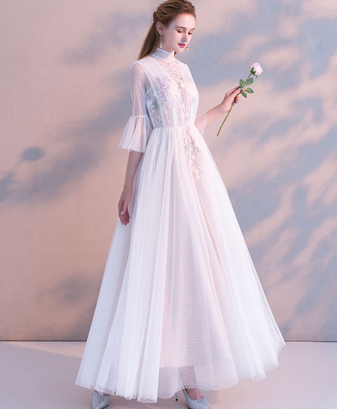 White High Neck Tulle Lace Tea Long Prom Dress Bridesmaid Dress
