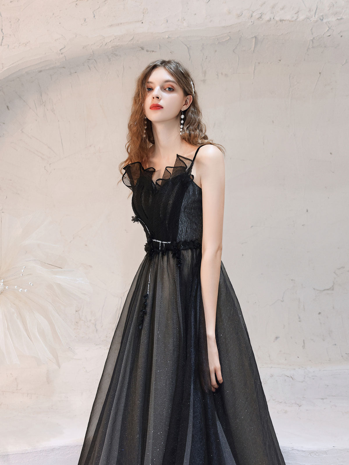 Black Tulle Lace Long Prom Dress Black Tulle Formal Dress