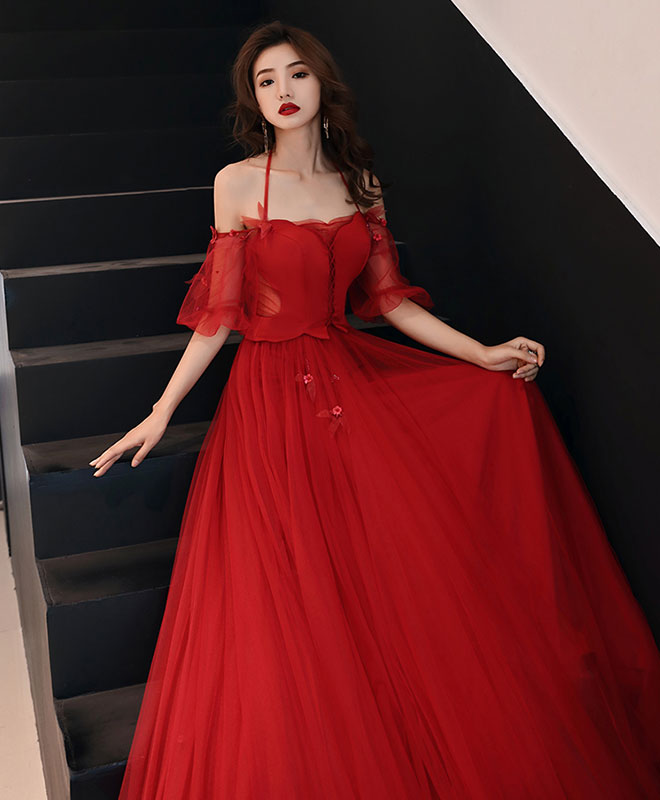 A-Line Red Tulle Lace Long Prom Dress Tulle Red Evening Dress