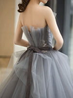 Gray Tulle Lace Long Prom Dress, Gray Ball Gown Formal Dresses